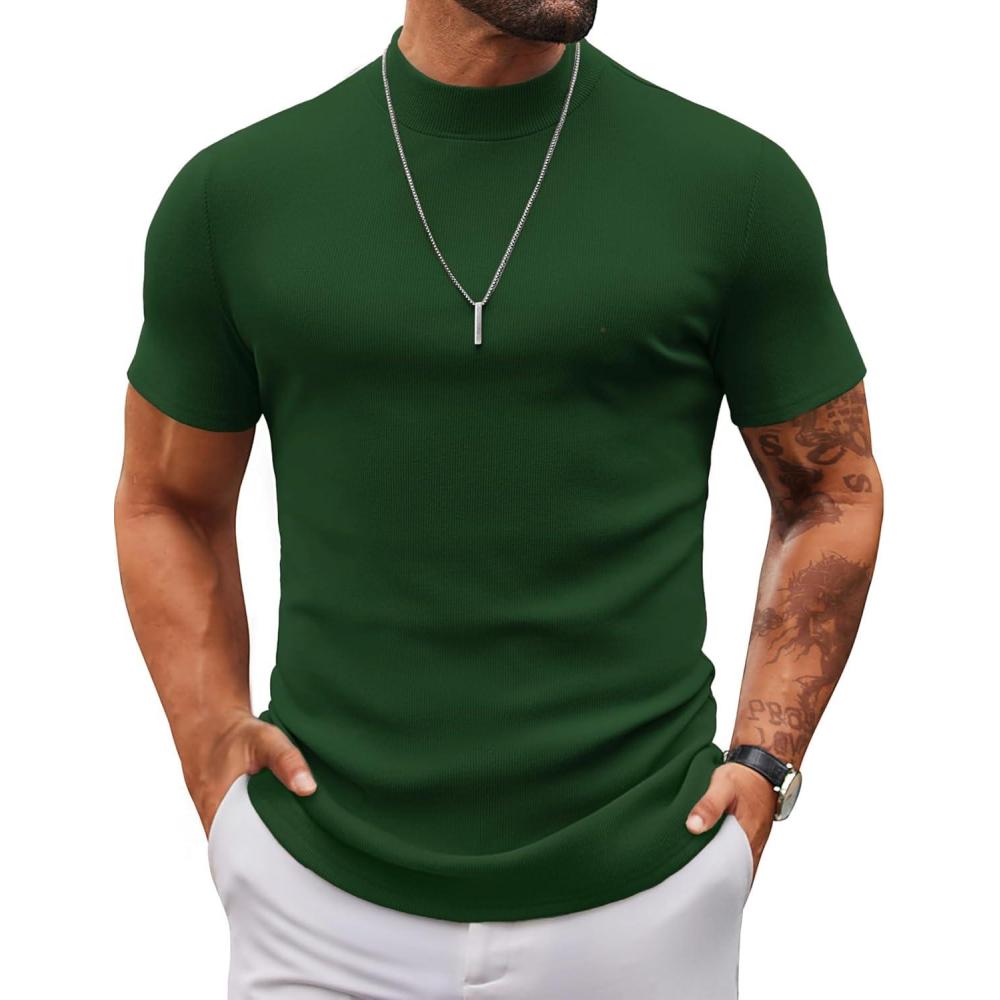 imageCOOFANDY Mens Mock Turtleneck Sweater Short Sleeve Slim Fit Turtle Neck Sweaters Casual Basic Tee Ribbed Knit Pullover TopsGreen