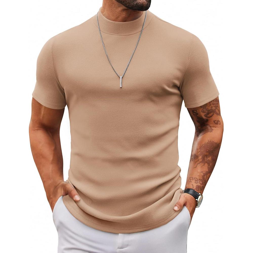 imageCOOFANDY Mens Mock Turtleneck Sweater Short Sleeve Slim Fit Turtle Neck Sweaters Casual Basic Tee Ribbed Knit Pullover TopsKhaki