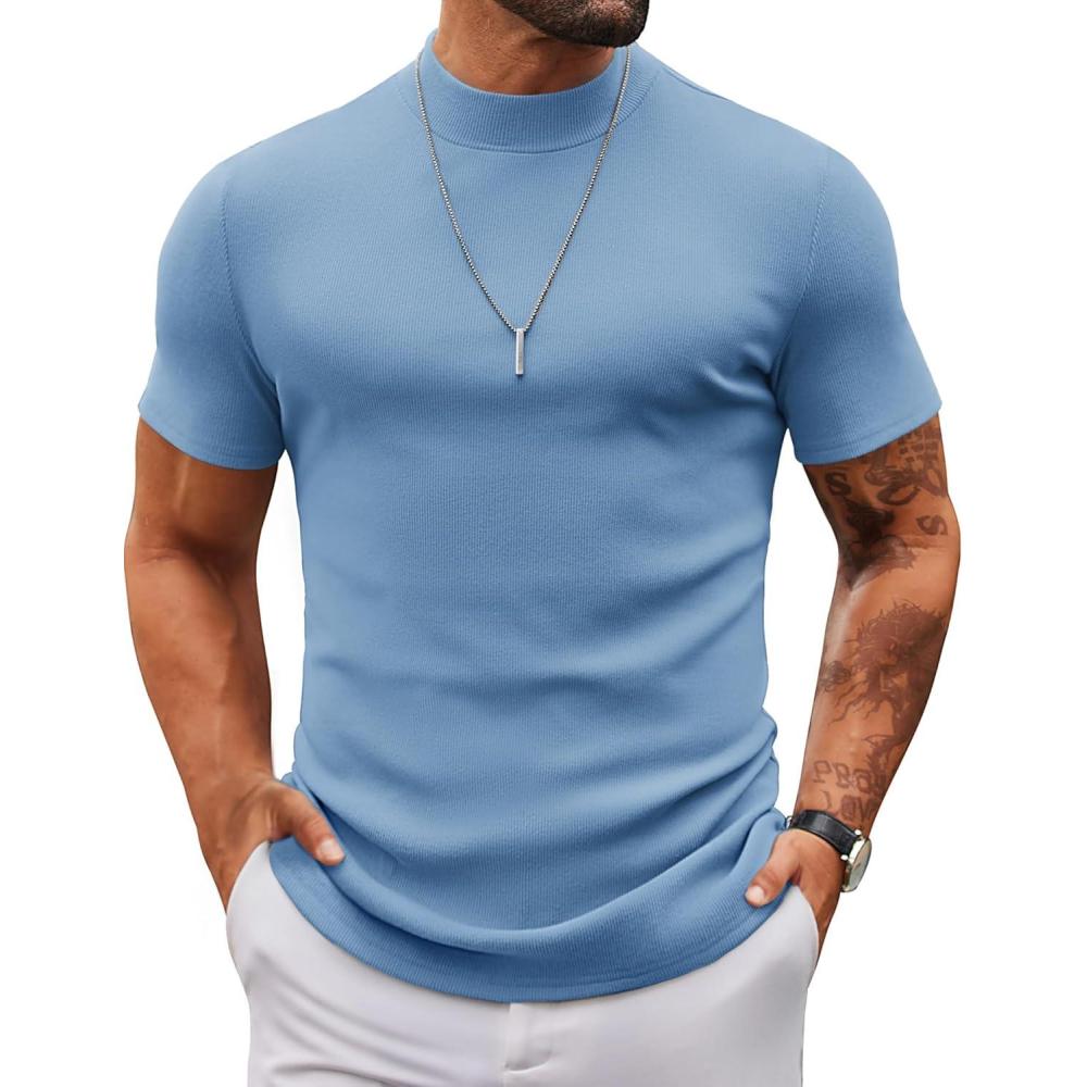 imageCOOFANDY Mens Mock Turtleneck Sweater Short Sleeve Slim Fit Turtle Neck Sweaters Casual Basic Tee Ribbed Knit Pullover TopsLight Blue