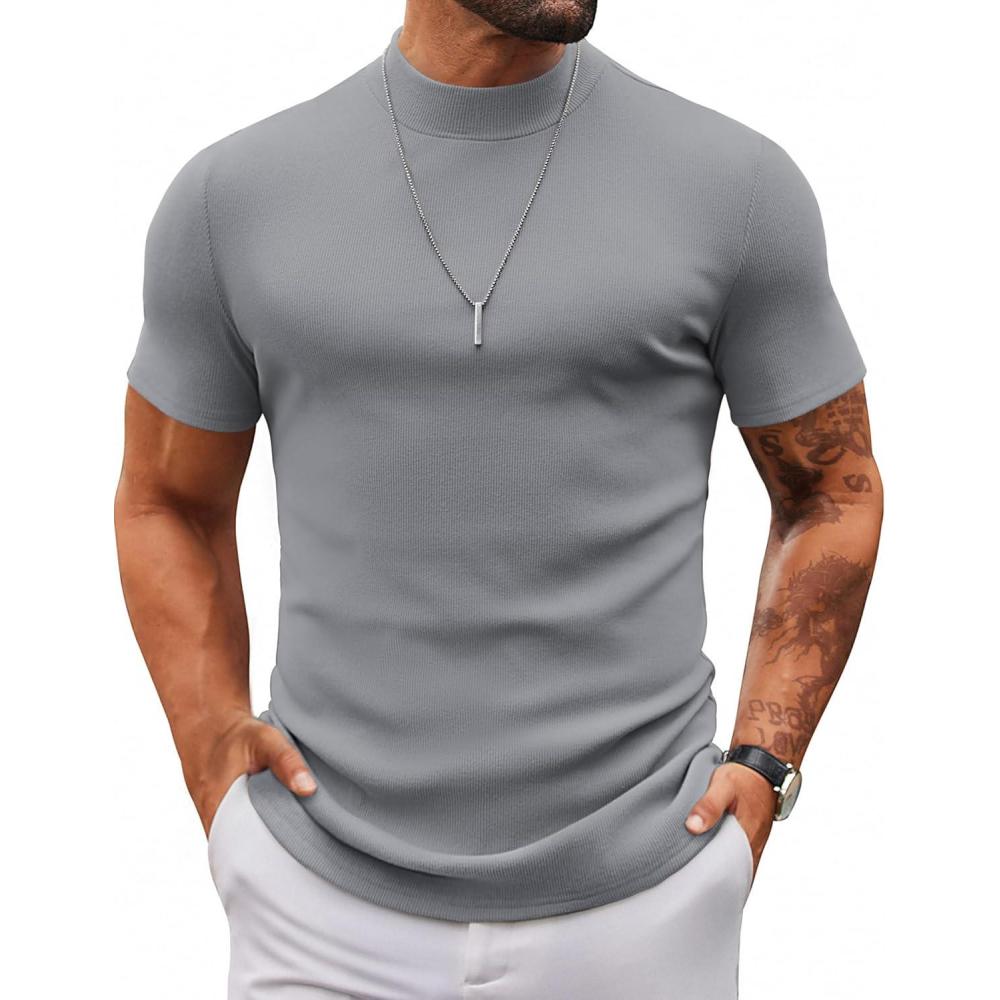 imageCOOFANDY Mens Mock Turtleneck Sweater Short Sleeve Slim Fit Turtle Neck Sweaters Casual Basic Tee Ribbed Knit Pullover TopsLight Grey