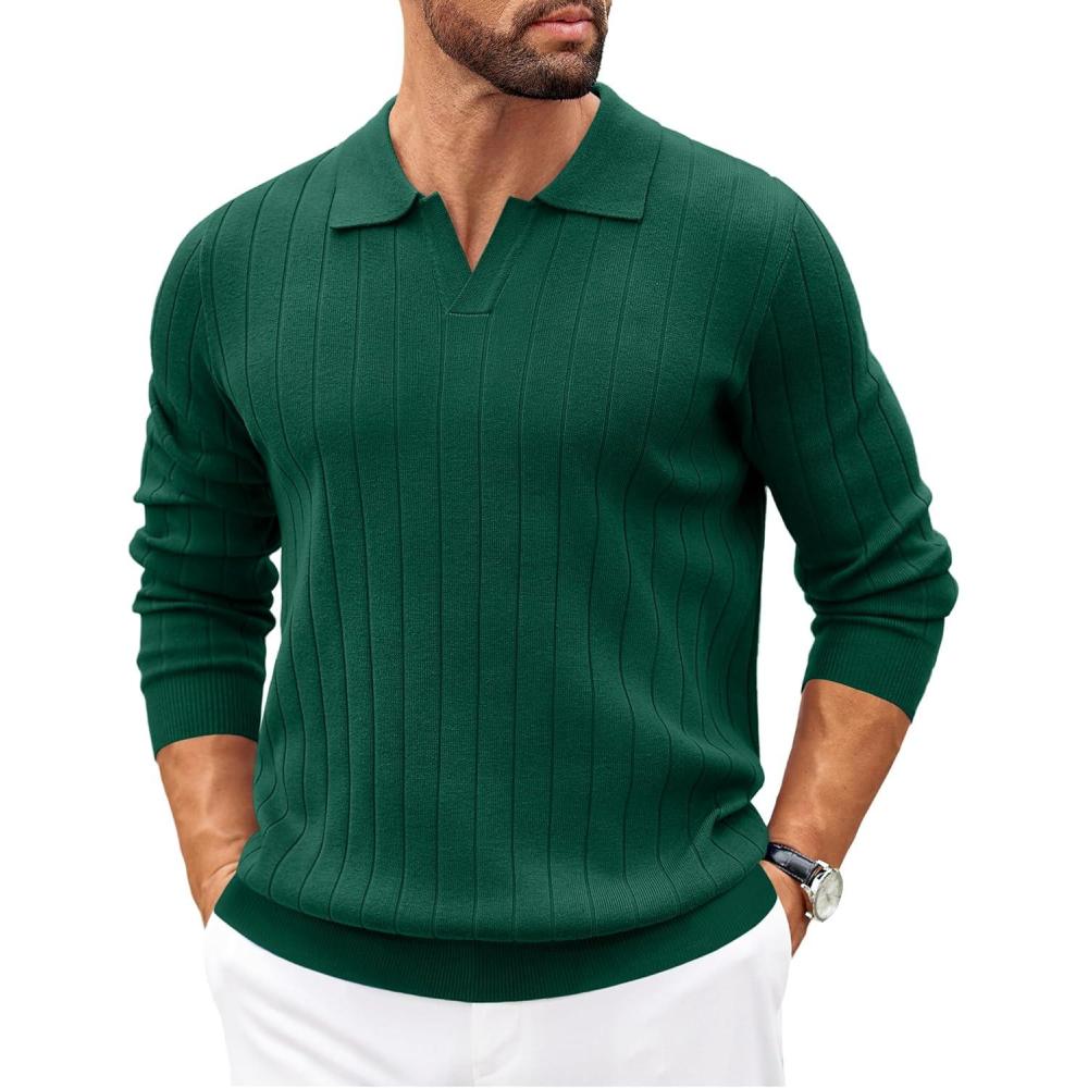 imageCOOFANDY Mens Polo Sweaters Long Sleeve V Neck Knit Polos Lightweight Casual Pullover SweaterDark Green