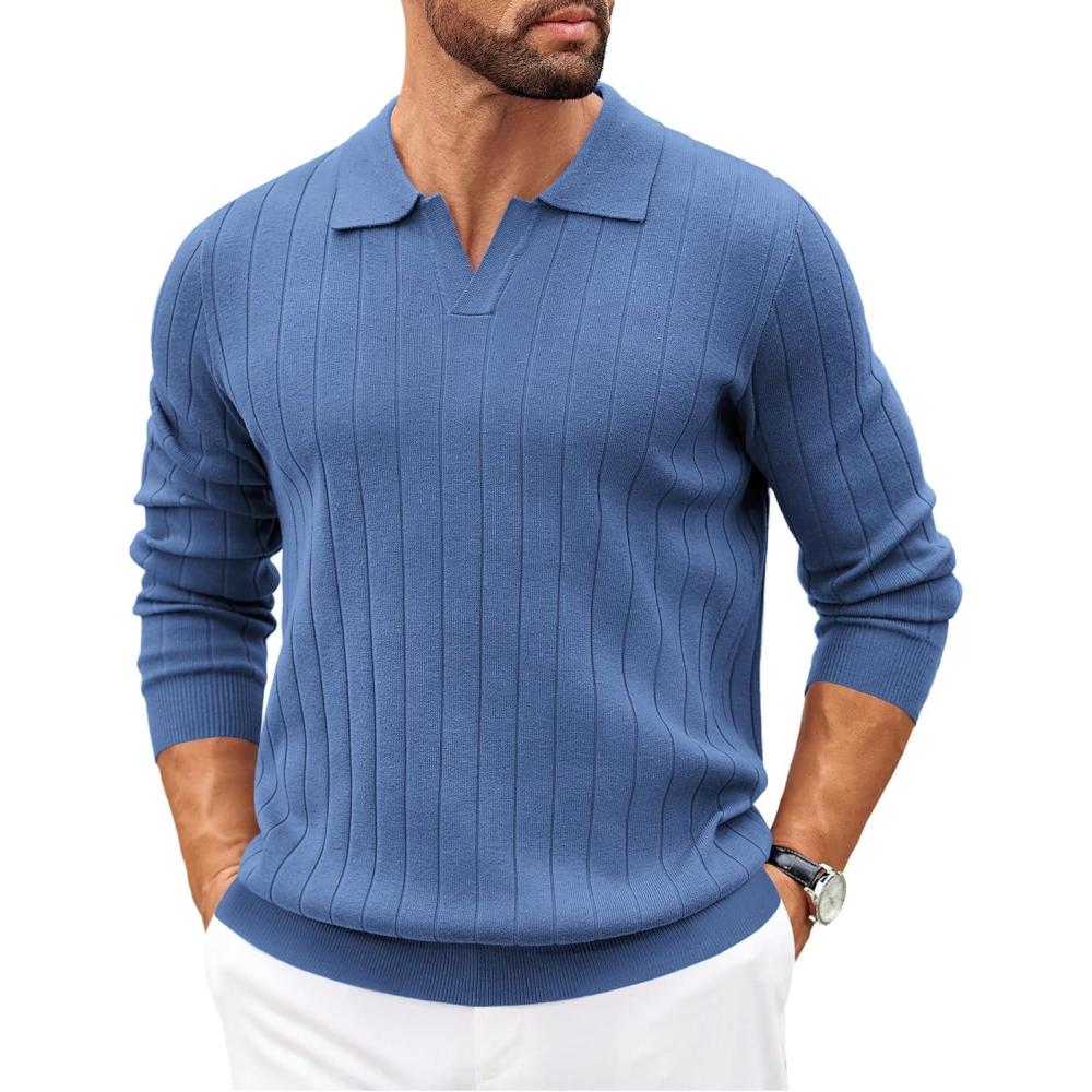 imageCOOFANDY Mens Polo Sweaters Long Sleeve V Neck Knit Polos Lightweight Casual Pullover SweaterDemin Blue