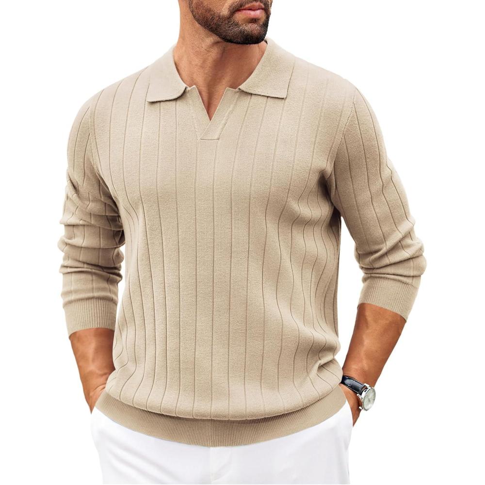 imageCOOFANDY Mens Polo Sweaters Long Sleeve V Neck Knit Polos Lightweight Casual Pullover SweaterKhaki