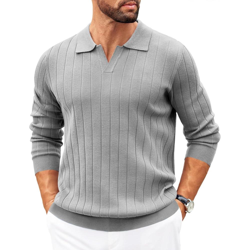 imageCOOFANDY Mens Polo Sweaters Long Sleeve V Neck Knit Polos Lightweight Casual Pullover SweaterLight Grey