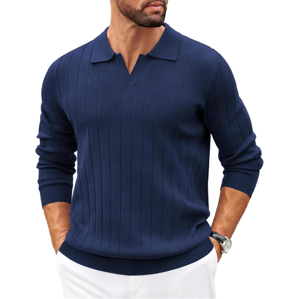 imageCOOFANDY Mens Polo Sweaters Long Sleeve V Neck Knit Polos Lightweight Casual Pullover SweaterNavy Blue