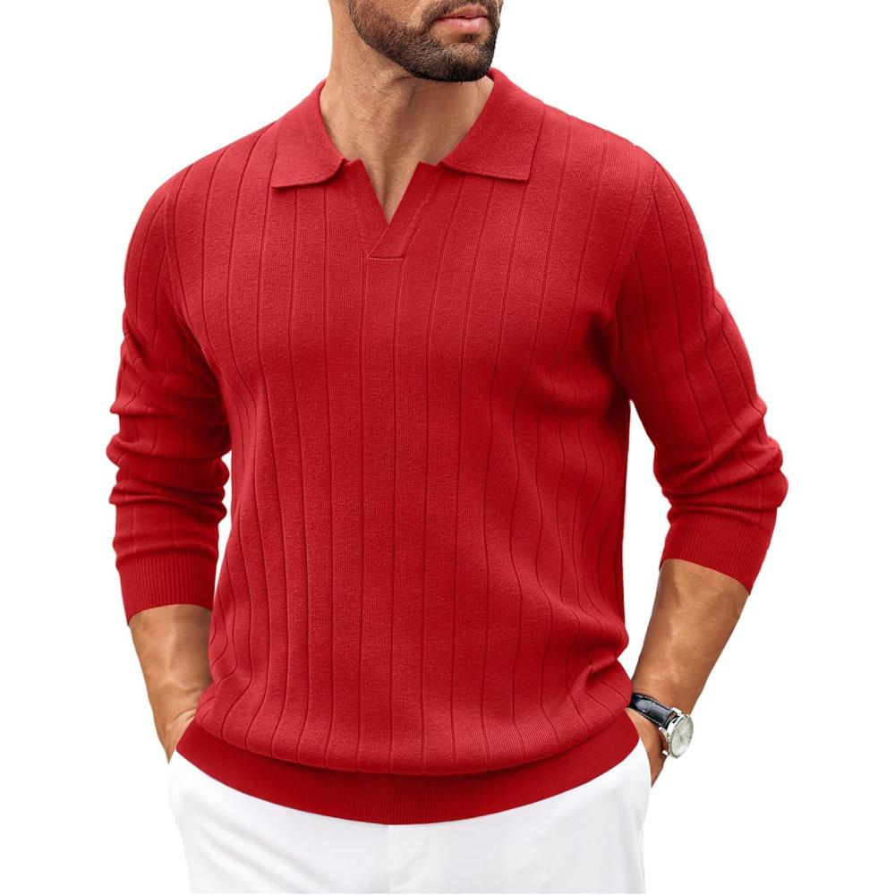 imageCOOFANDY Mens Polo Sweaters Long Sleeve V Neck Knit Polos Lightweight Casual Pullover SweaterRed