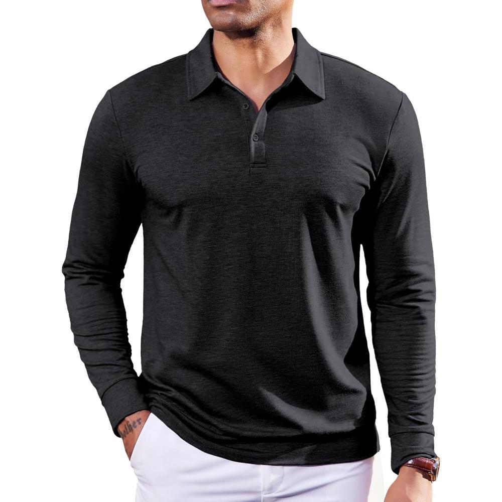 imageCOOFANDY Mens Polo Sweatshirts Long Sleeve Casual Lightweigt Polo Shirts Button Down Golf ShirtBlack