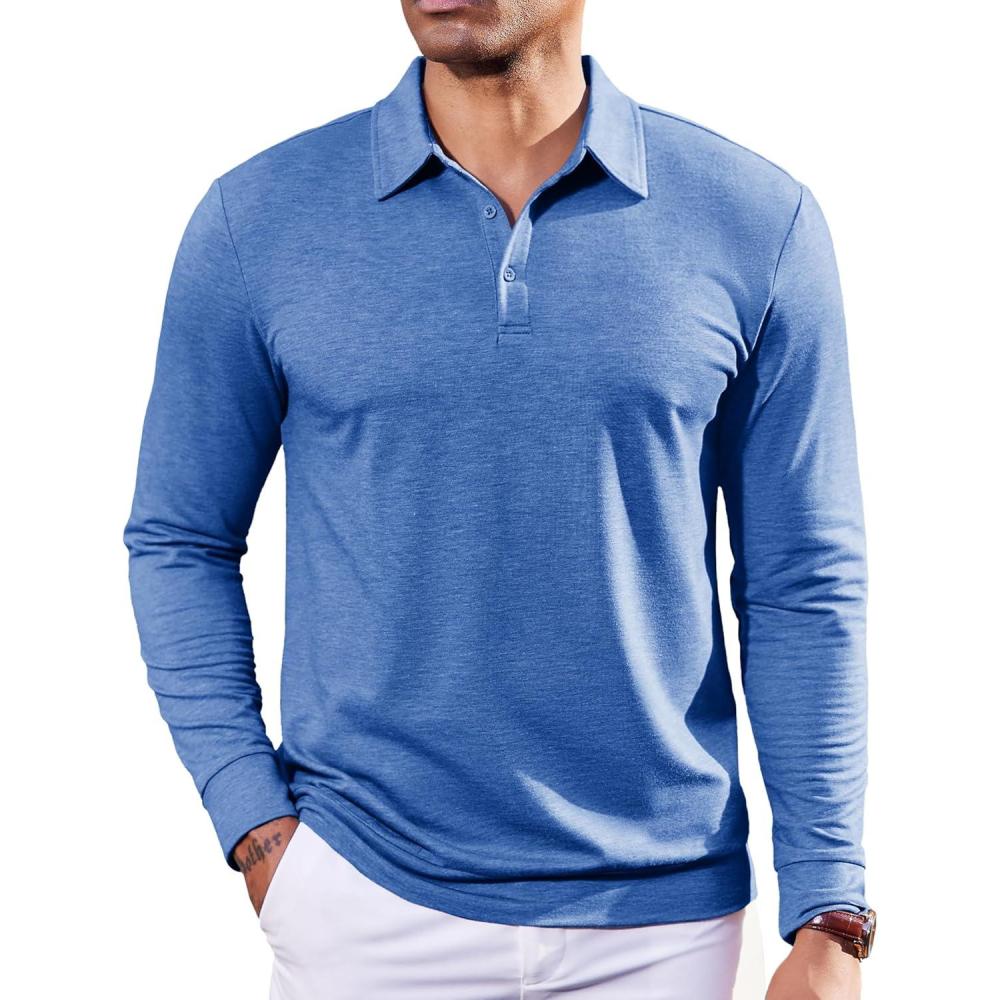 imageCOOFANDY Mens Polo Sweatshirts Long Sleeve Casual Lightweigt Polo Shirts Button Down Golf ShirtBlue