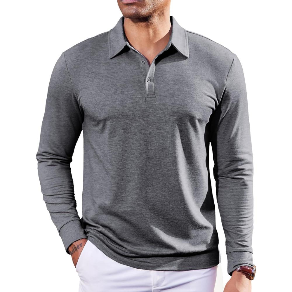 imageCOOFANDY Mens Polo Sweatshirts Long Sleeve Casual Lightweigt Polo Shirts Button Down Golf ShirtDark Gray