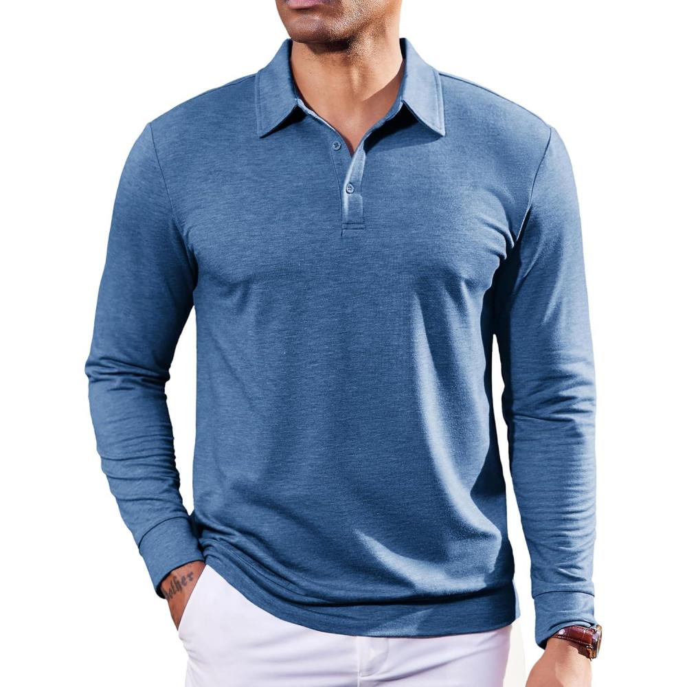 imageCOOFANDY Mens Polo Sweatshirts Long Sleeve Casual Lightweigt Polo Shirts Button Down Golf ShirtDemin Blue