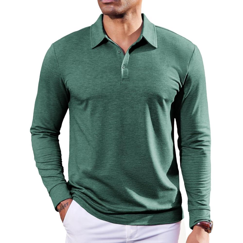 imageCOOFANDY Mens Polo Sweatshirts Long Sleeve Casual Lightweigt Polo Shirts Button Down Golf ShirtGreen