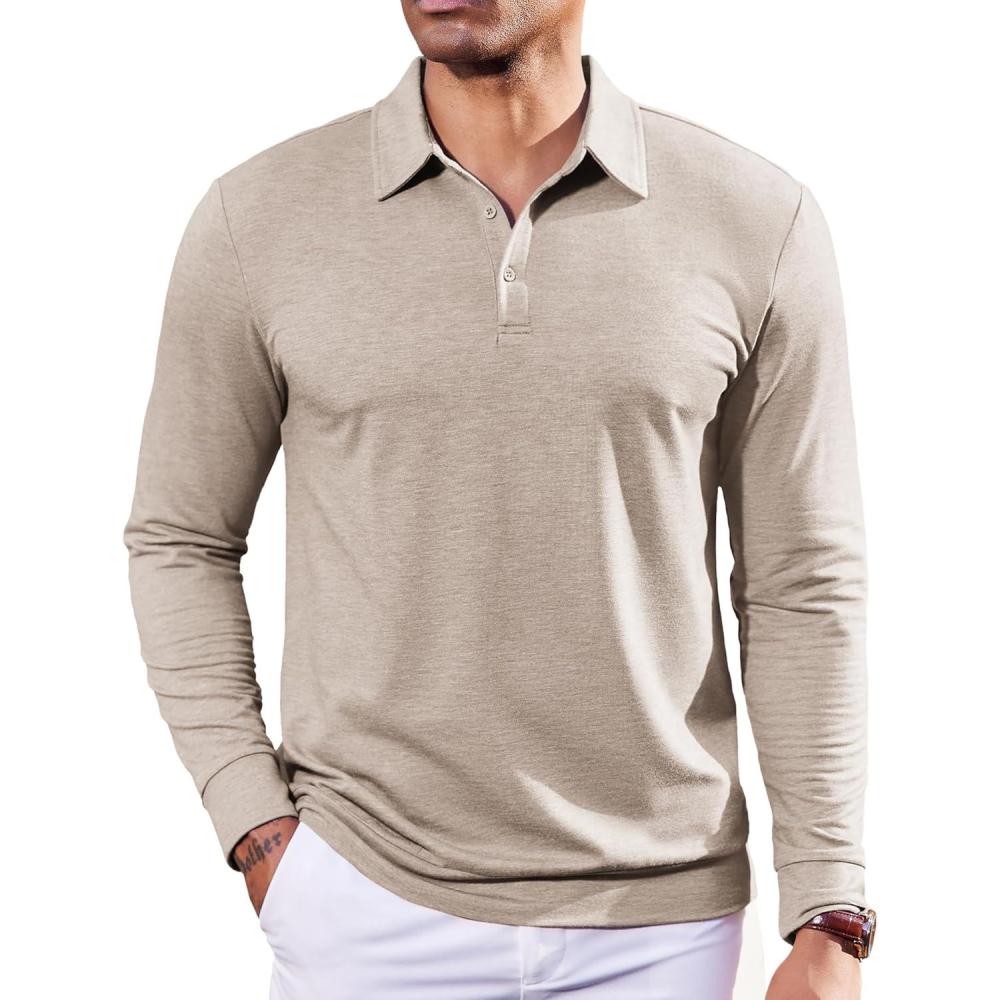 imageCOOFANDY Mens Polo Sweatshirts Long Sleeve Casual Lightweigt Polo Shirts Button Down Golf ShirtKhaki