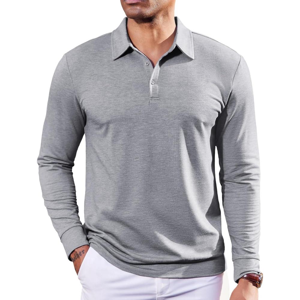 imageCOOFANDY Mens Polo Sweatshirts Long Sleeve Casual Lightweigt Polo Shirts Button Down Golf ShirtLight Grey