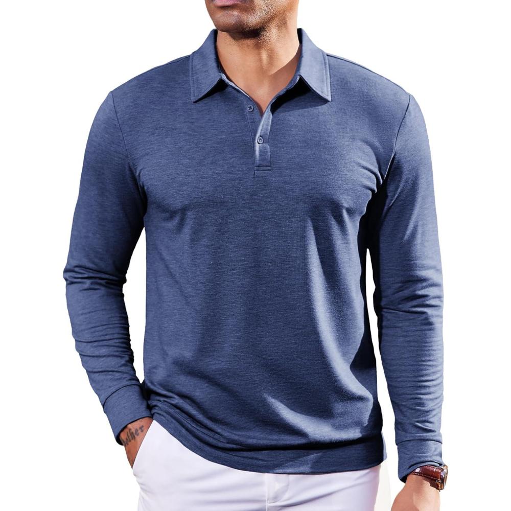 imageCOOFANDY Mens Polo Sweatshirts Long Sleeve Casual Lightweigt Polo Shirts Button Down Golf ShirtNavy Blue
