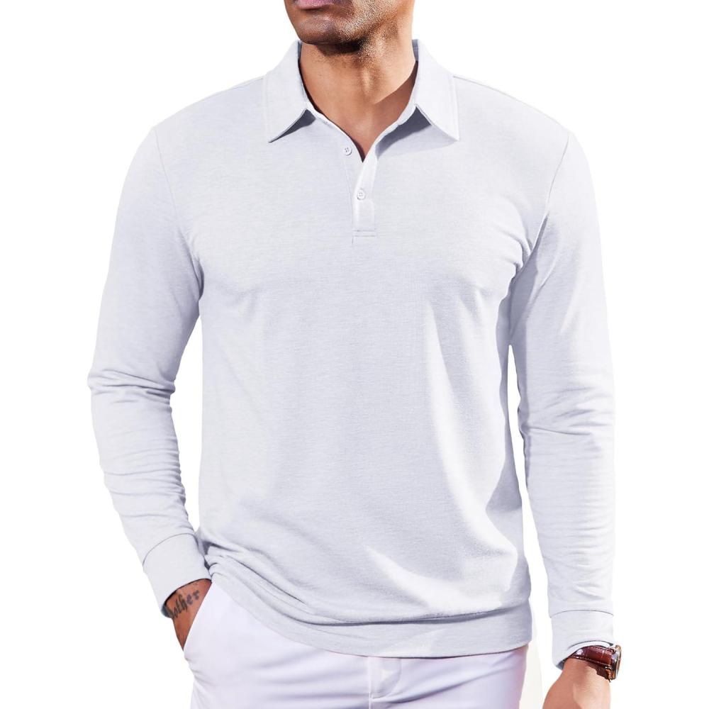 imageCOOFANDY Mens Polo Sweatshirts Long Sleeve Casual Lightweigt Polo Shirts Button Down Golf ShirtWhite