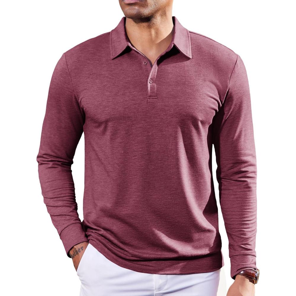 imageCOOFANDY Mens Polo Sweatshirts Long Sleeve Casual Lightweigt Polo Shirts Button Down Golf ShirtWine Red