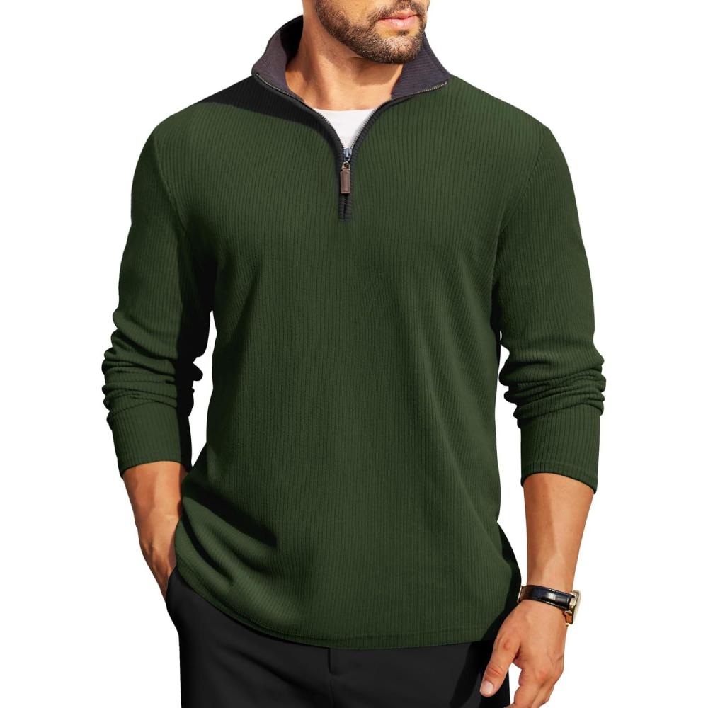 imageCOOFANDY Mens Quarter Zip Pullover Lightweight Sweater Casual Long Sleeve Corduroy Half Zip SweatshirtArmy Green
