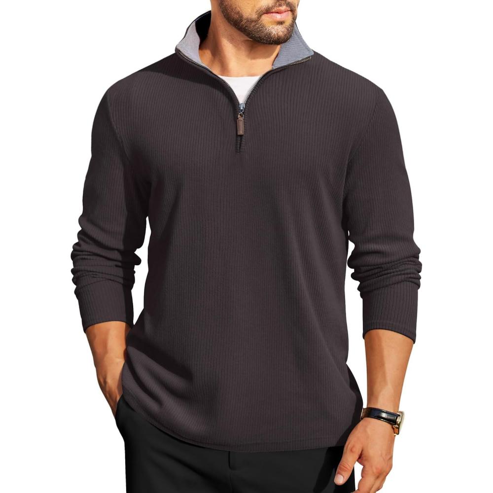 imageCOOFANDY Mens Quarter Zip Pullover Lightweight Sweater Casual Long Sleeve Corduroy Half Zip SweatshirtDark Grey