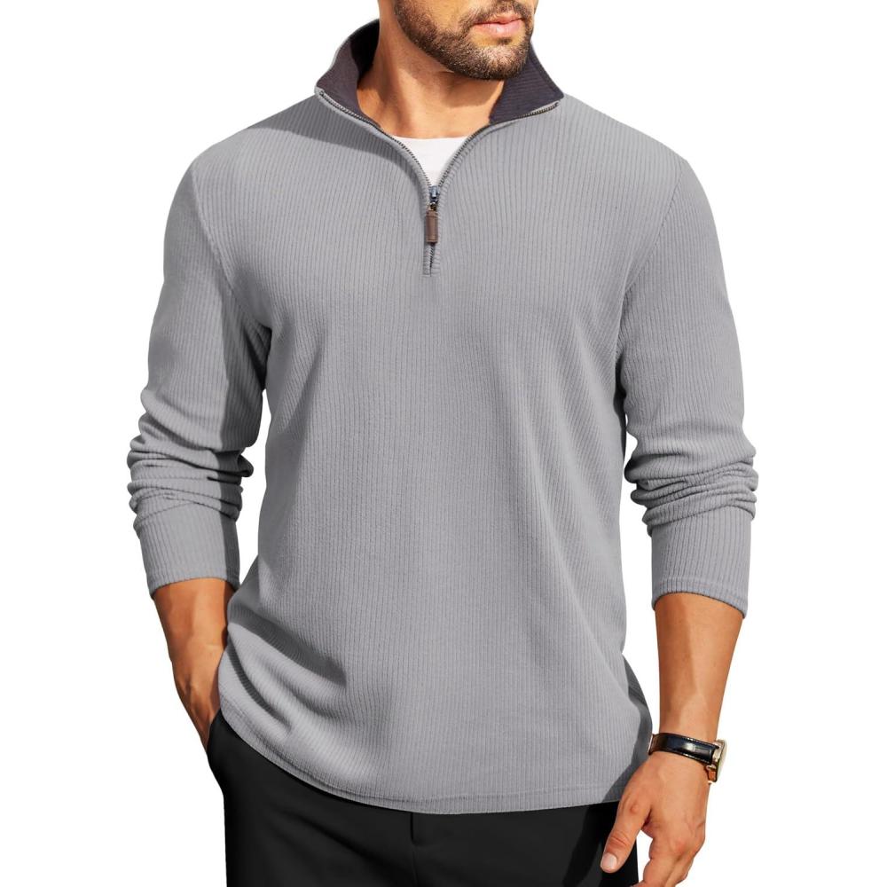 imageCOOFANDY Mens Quarter Zip Pullover Lightweight Sweater Casual Long Sleeve Corduroy Half Zip SweatshirtGray