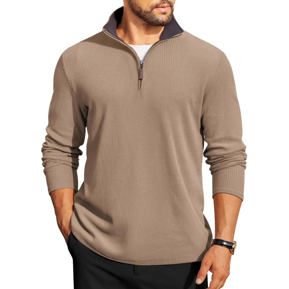 imageCOOFANDY Mens Quarter Zip Pullover Lightweight Sweater Casual Long Sleeve Corduroy Half Zip SweatshirtKhaki