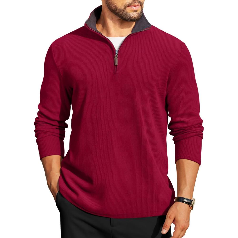 imageCOOFANDY Mens Quarter Zip Pullover Lightweight Sweater Casual Long Sleeve Corduroy Half Zip SweatshirtRed