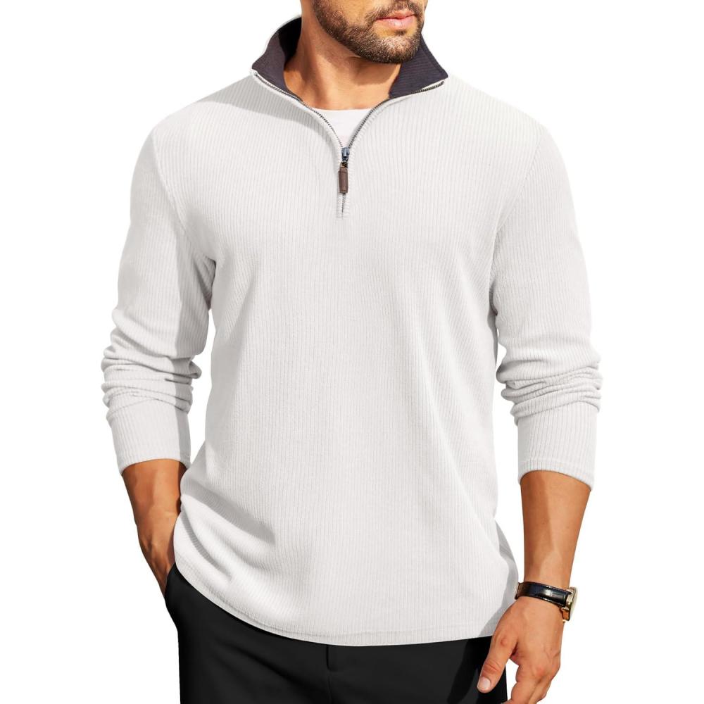 imageCOOFANDY Mens Quarter Zip Pullover Lightweight Sweater Casual Long Sleeve Corduroy Half Zip SweatshirtWhite