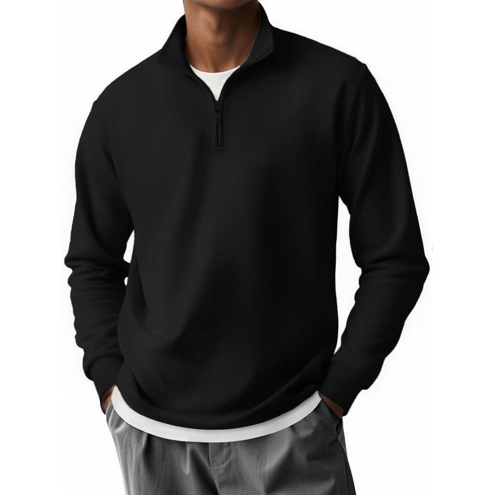 imageCOOFANDY Mens Quarter Zip Pullover Long Sleeve Casual 14 Zip Sweatshirt Lightweight Solid Mock Neck Sweater PoloAll Black