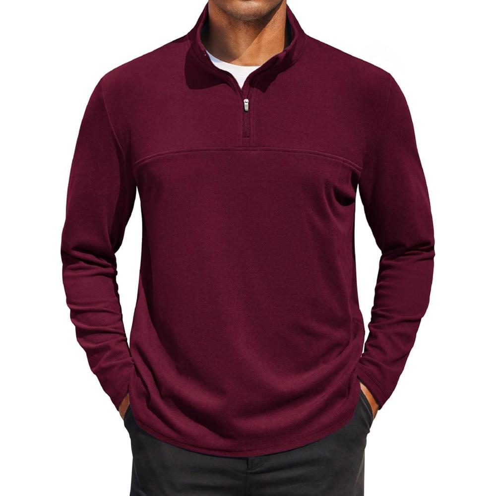 imageCOOFANDY Mens Quarter Zip Pullover Long Sleeve Mock Turtleneck Sweatshirts Thermal Workout Golf Polo ShirtWine Red