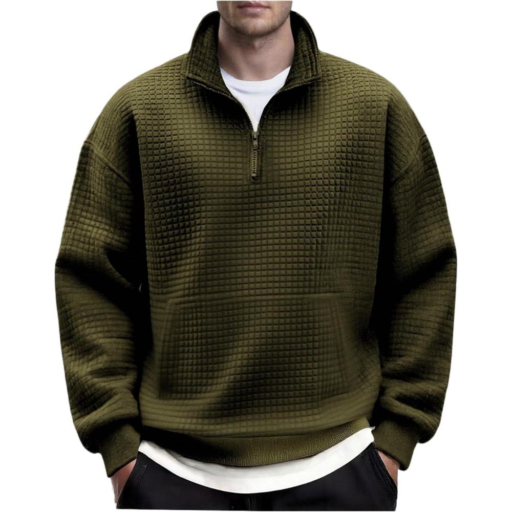 imageCOOFANDY Mens Quarter Zip Pullover Long Sleeve Waffle Quilted Sweatshirt Casual Polo Sweaters with PocketArmy Green