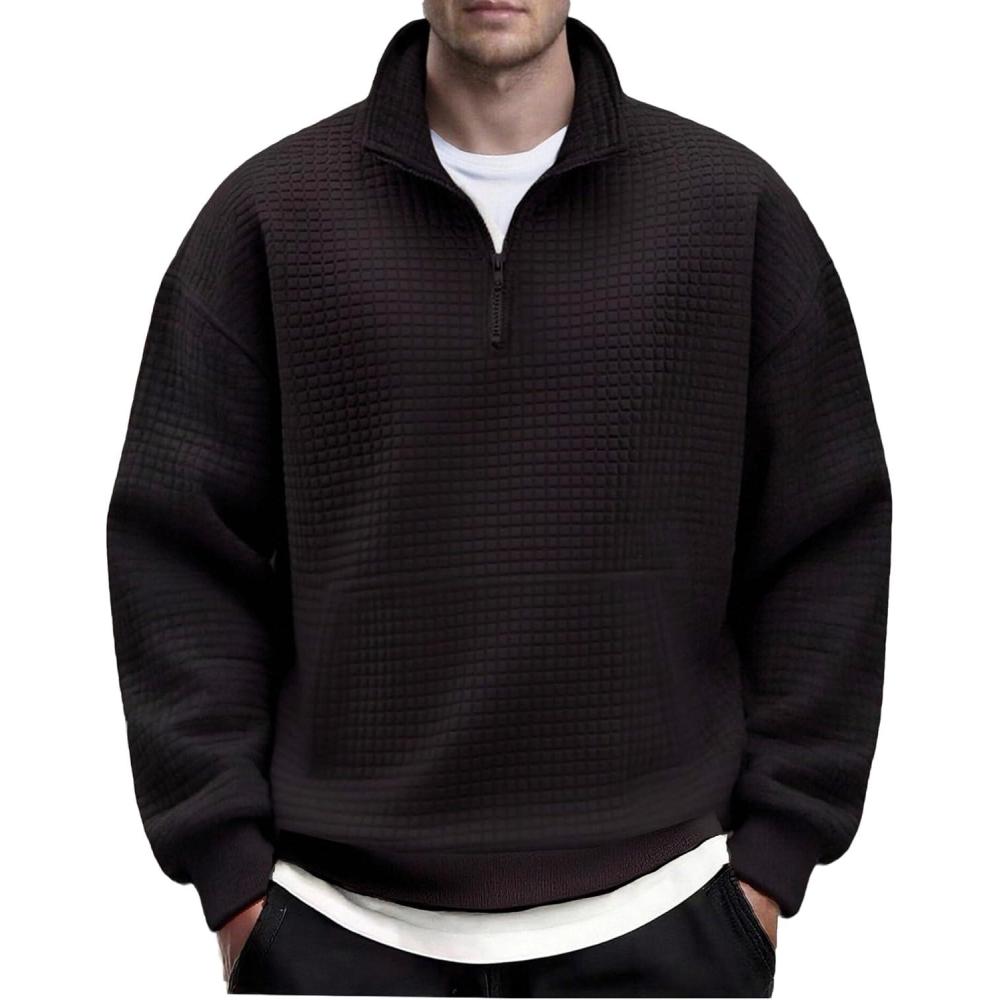 imageCOOFANDY Mens Quarter Zip Pullover Long Sleeve Waffle Quilted Sweatshirt Casual Polo Sweaters with PocketBlack