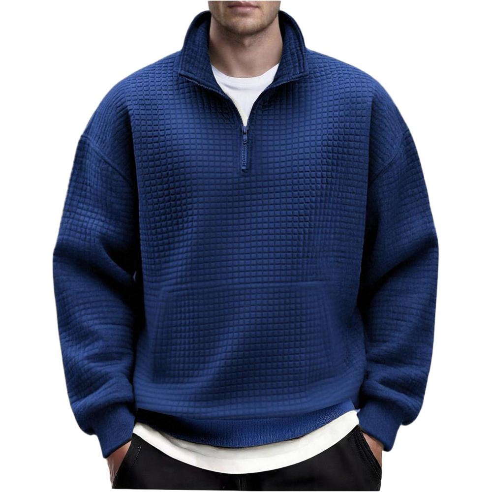 imageCOOFANDY Mens Quarter Zip Pullover Long Sleeve Waffle Quilted Sweatshirt Casual Polo Sweaters with PocketDark Blue