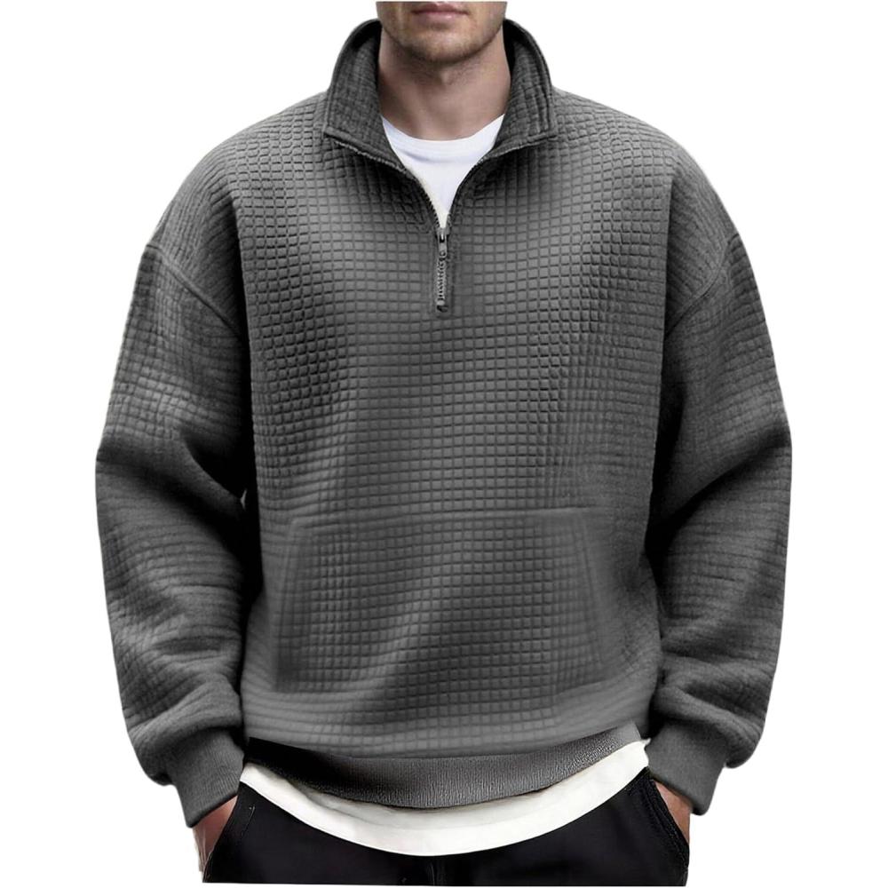 imageCOOFANDY Mens Quarter Zip Pullover Long Sleeve Waffle Quilted Sweatshirt Casual Polo Sweaters with PocketDark Grey