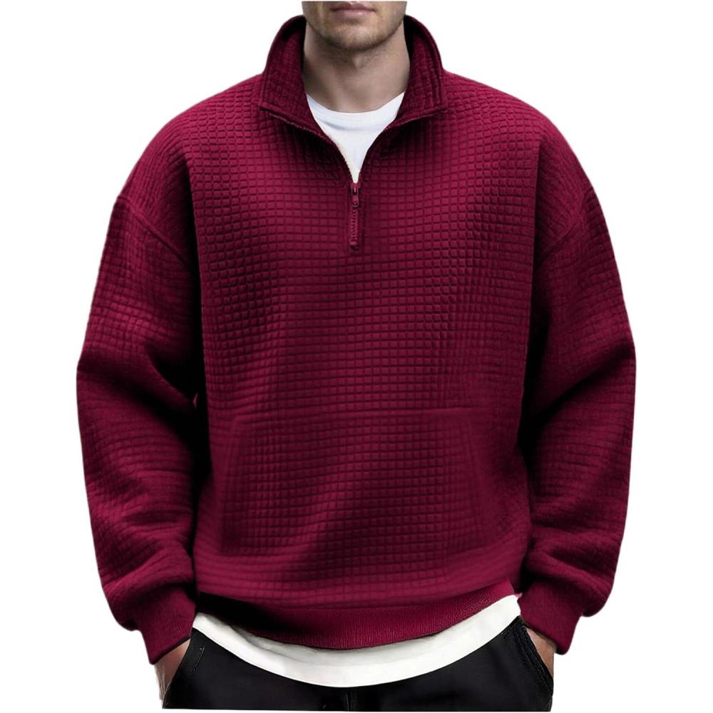 imageCOOFANDY Mens Quarter Zip Pullover Long Sleeve Waffle Quilted Sweatshirt Casual Polo Sweaters with PocketDark Red