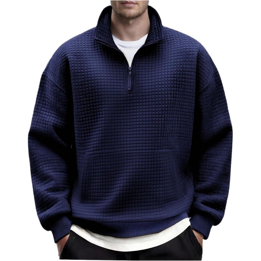 imageCOOFANDY Mens Quarter Zip Pullover Long Sleeve Waffle Quilted Sweatshirt Casual Polo Sweaters with PocketDeep Blue