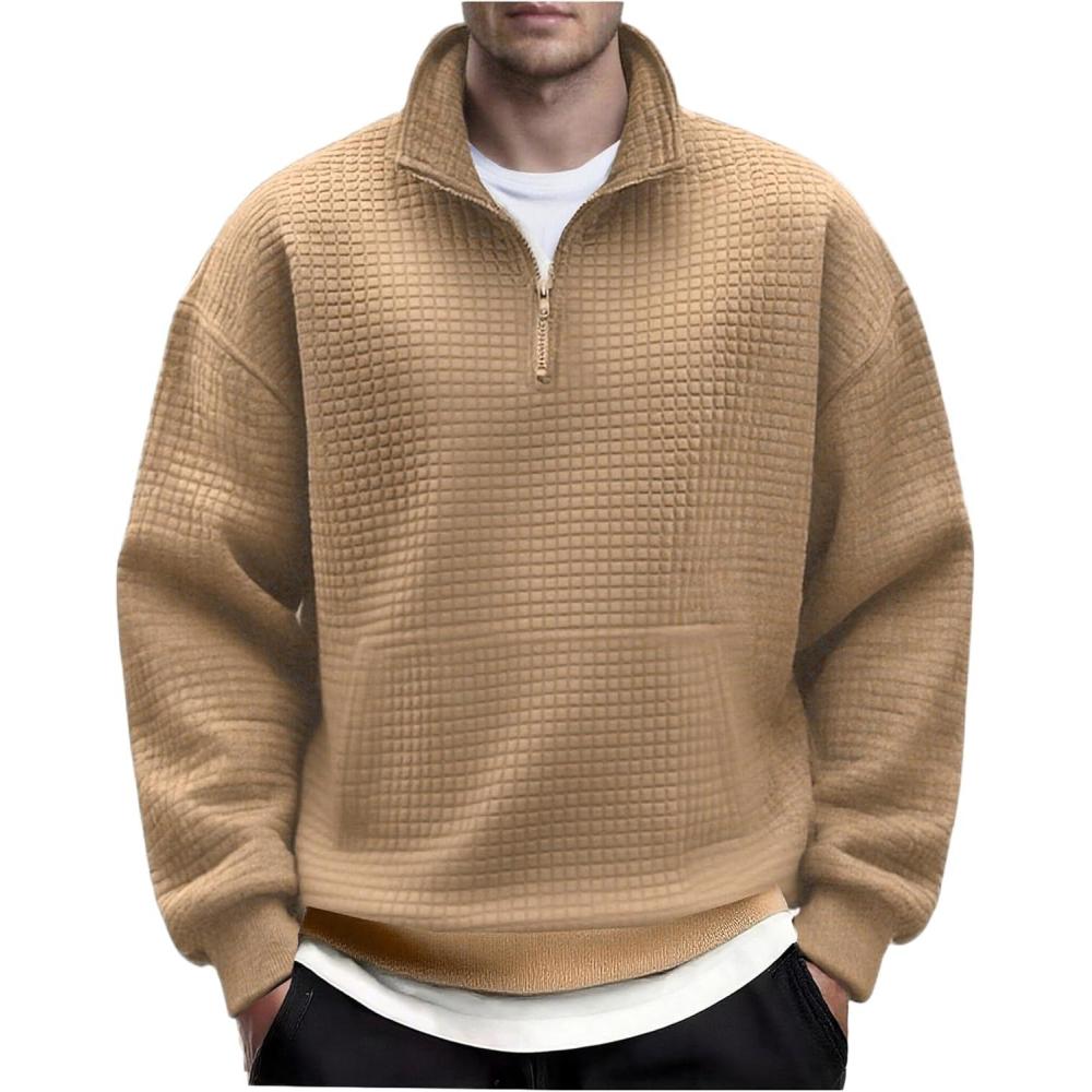 imageCOOFANDY Mens Quarter Zip Pullover Long Sleeve Waffle Quilted Sweatshirt Casual Polo Sweaters with PocketKhaki