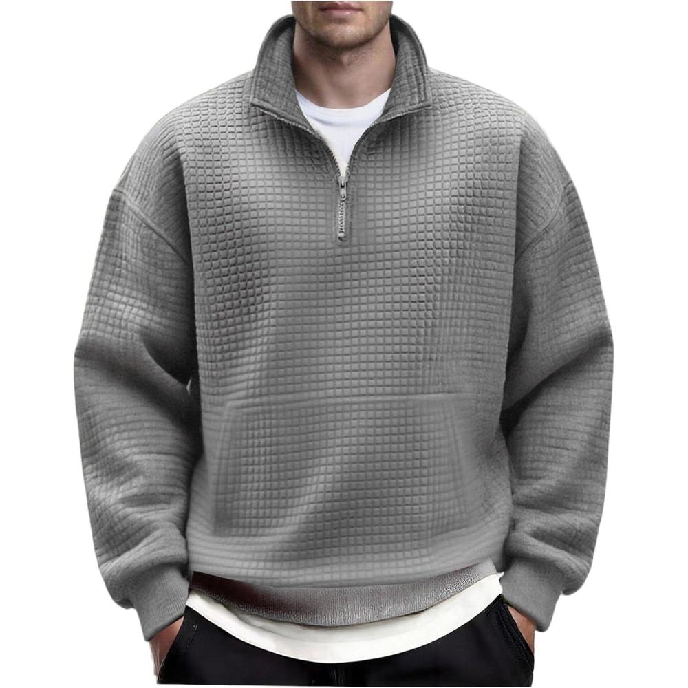 imageCOOFANDY Mens Quarter Zip Pullover Long Sleeve Waffle Quilted Sweatshirt Casual Polo Sweaters with PocketLight Grey