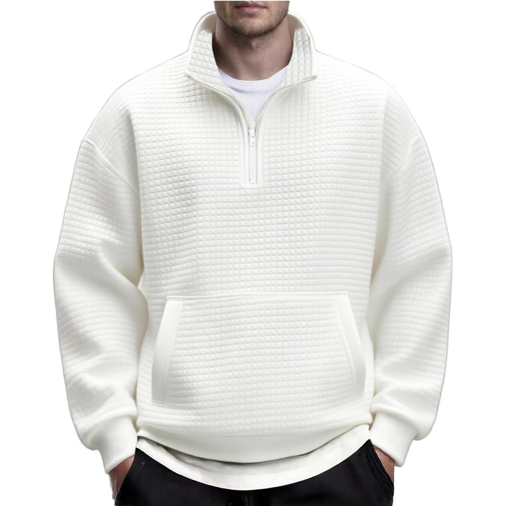 imageCOOFANDY Mens Quarter Zip Pullover Long Sleeve Waffle Quilted Sweatshirt Casual Polo Sweaters with PocketWhite