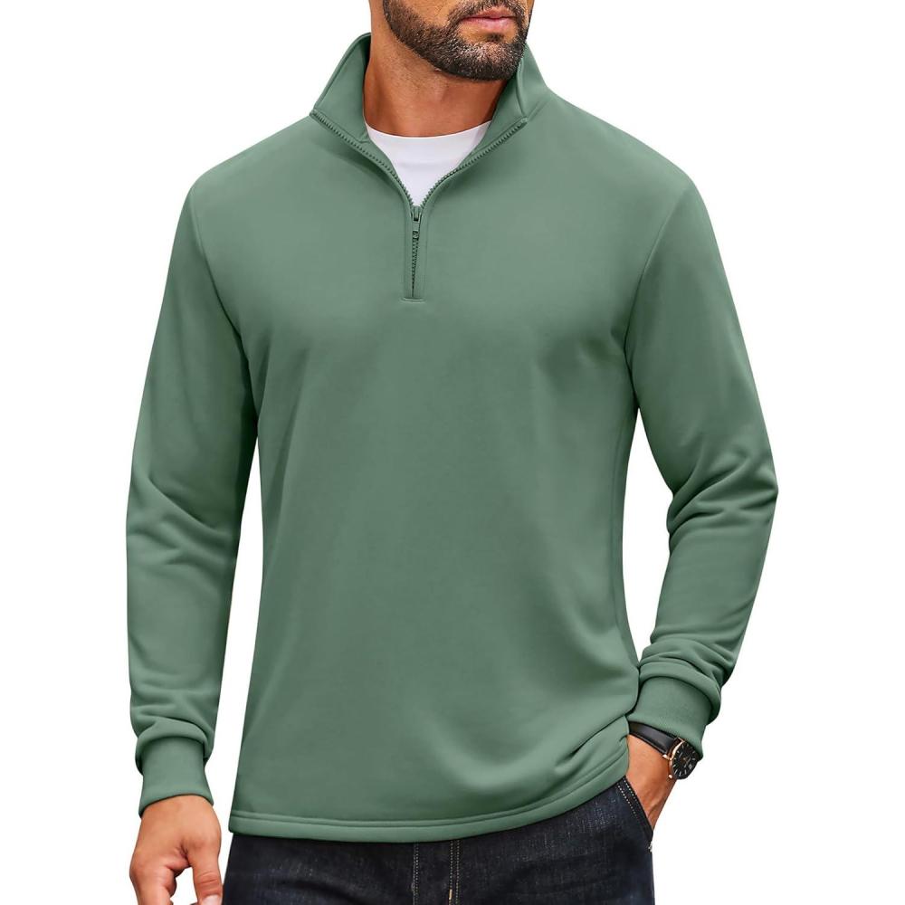 imageCOOFANDY Mens Quarter Zip Pullover Mock Neck Quilted Sweatshirt Lightweight Slim Fit Casual Long Sleeve Polo ShirtDark Green