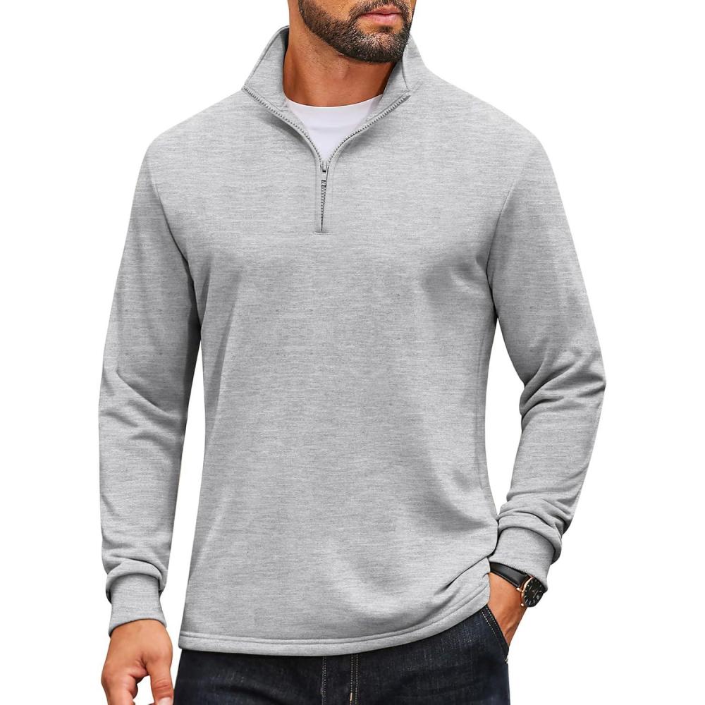 imageCOOFANDY Mens Quarter Zip Pullover Mock Neck Quilted Sweatshirt Lightweight Slim Fit Casual Long Sleeve Polo ShirtLight Grey