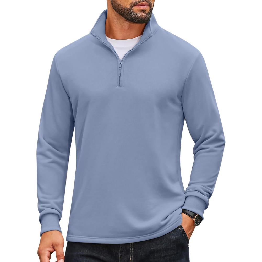 imageCOOFANDY Mens Quarter Zip Pullover Mock Neck Quilted Sweatshirt Lightweight Slim Fit Casual Long Sleeve Polo ShirtSky Blue