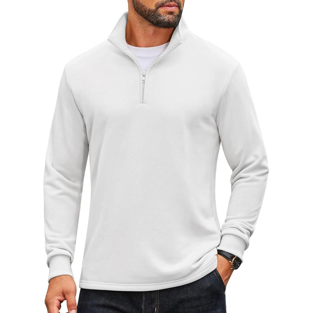 imageCOOFANDY Mens Quarter Zip Pullover Mock Neck Quilted Sweatshirt Lightweight Slim Fit Casual Long Sleeve Polo ShirtWhite