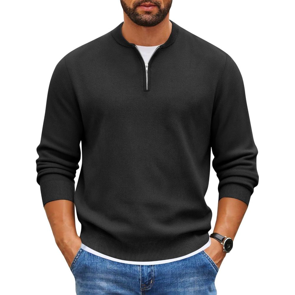 imageCOOFANDY Mens Quarter Zip Pullover Slim Fit Knit Sweater Lightweight Mock Neck Casual SweatersBlack