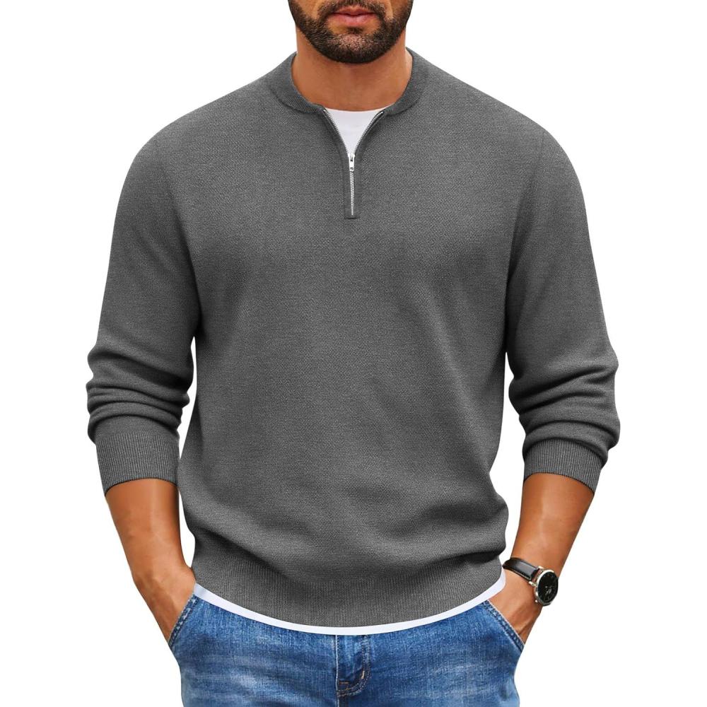 imageCOOFANDY Mens Quarter Zip Pullover Slim Fit Knit Sweater Lightweight Mock Neck Casual SweatersDark Grey