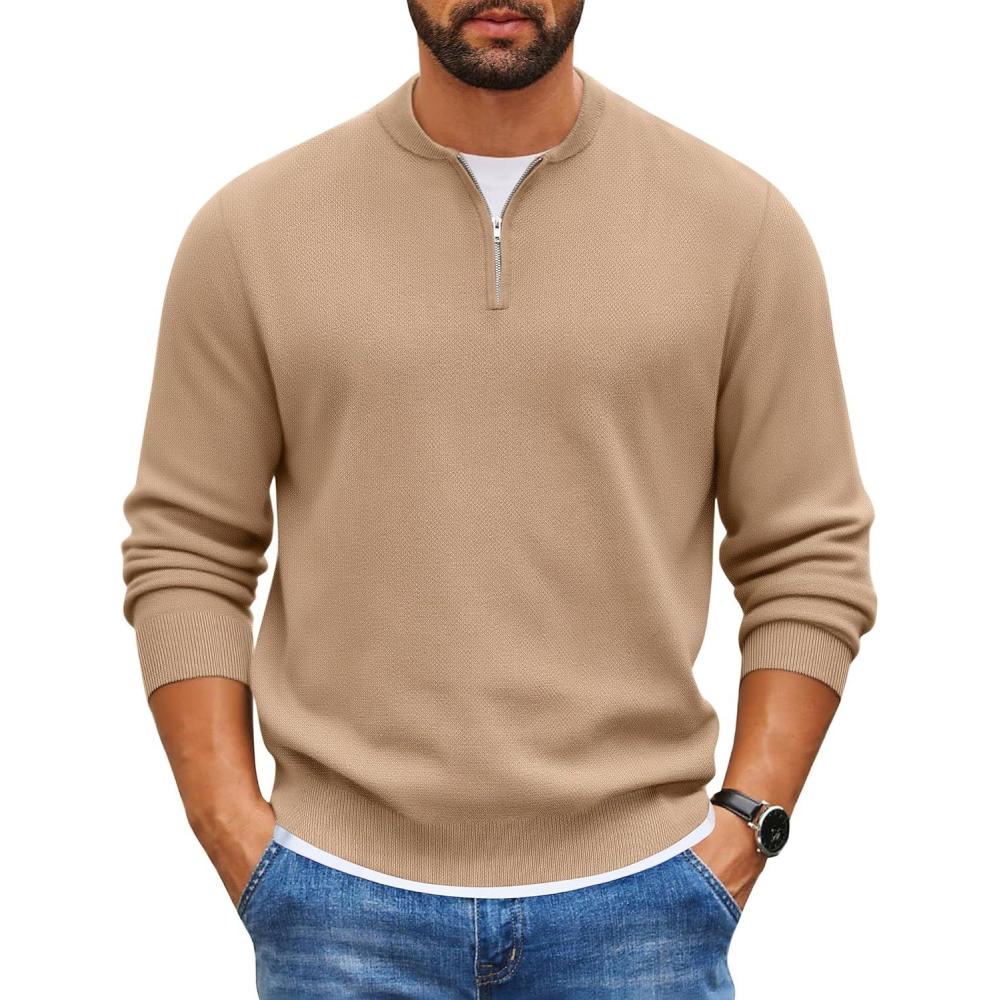 imageCOOFANDY Mens Quarter Zip Pullover Slim Fit Knit Sweater Lightweight Mock Neck Casual SweatersDark Khaki