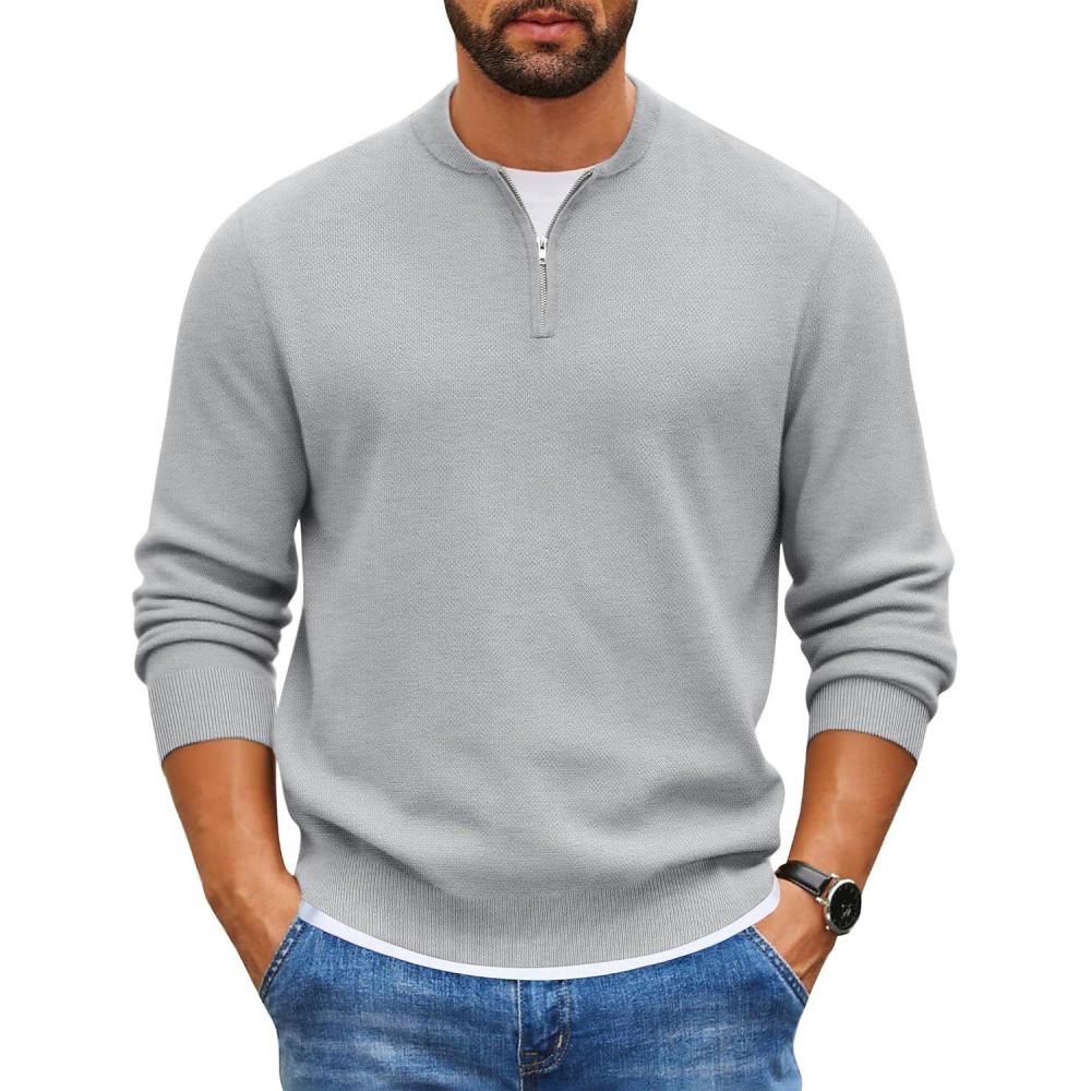 imageCOOFANDY Mens Quarter Zip Pullover Slim Fit Knit Sweater Lightweight Mock Neck Casual SweatersLight Grey