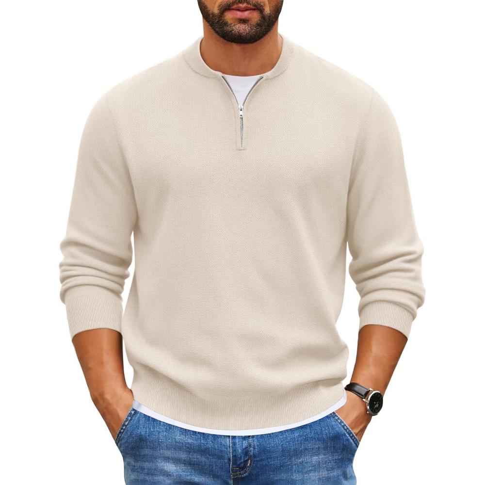 imageCOOFANDY Mens Quarter Zip Pullover Slim Fit Knit Sweater Lightweight Mock Neck Casual SweatersLight Khaki