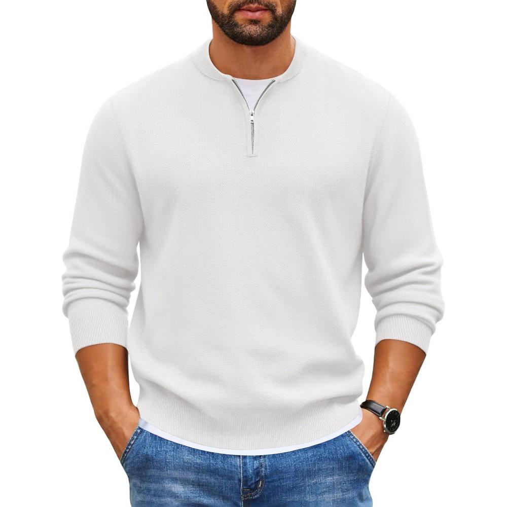 imageCOOFANDY Mens Quarter Zip Pullover Slim Fit Knit Sweater Lightweight Mock Neck Casual SweatersWhite