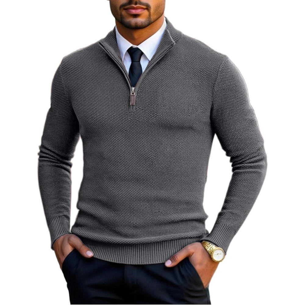 imageCOOFANDY Mens Quarter Zip Pullover Sweater Slim Fit Knit Mock Neck Polo SweatersDark Grey