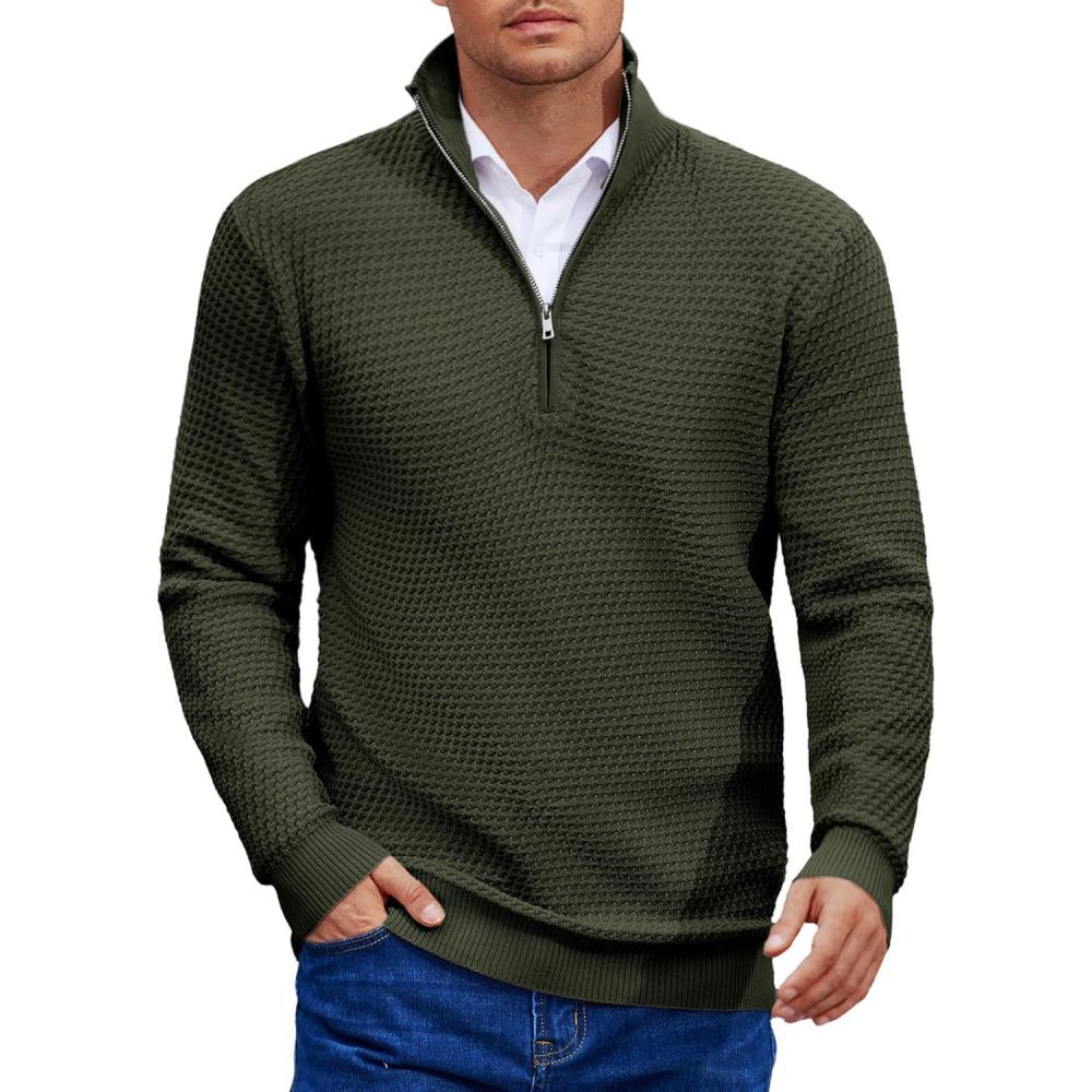 imageCOOFANDY Mens Quarter Zip Pullover Sweater Slim Fit Waffle Mock Turtleneck Polo Sweater Casual Long Sleeve SweatshirtArmy Green