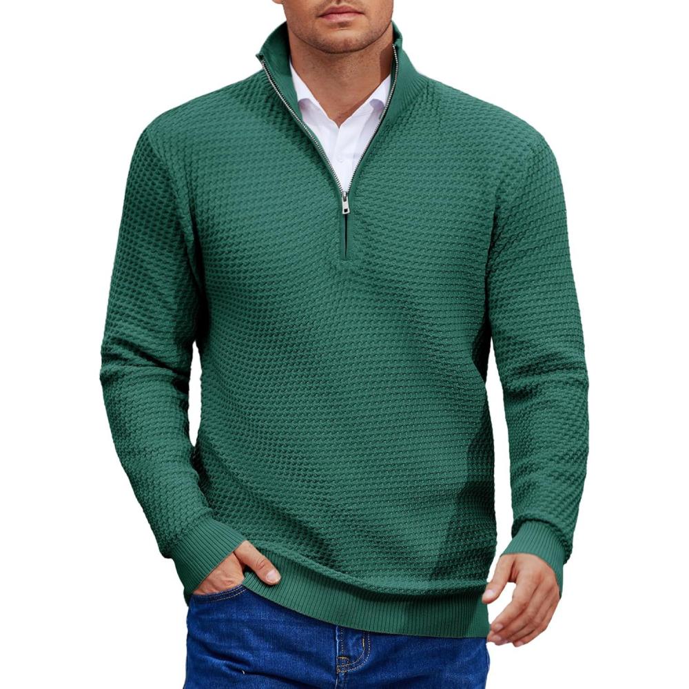 imageCOOFANDY Mens Quarter Zip Pullover Sweater Slim Fit Waffle Mock Turtleneck Polo Sweater Casual Long Sleeve SweatshirtDark Green